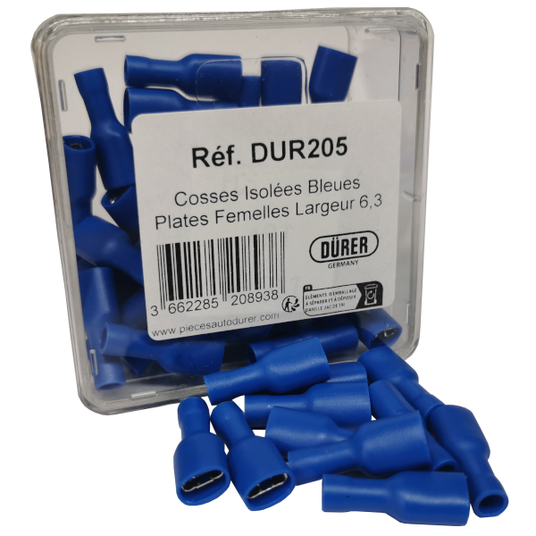 COSSES ISOLÉES BLEUES PLATES FEMELLES LARGEUR 6,3 BOITE 50 P. - réf. DUR205