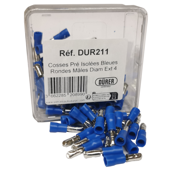 COSSES PRÉ ISOLÉES BLEUES RONDES MÂLES DIAM EXT 4 BOITE 100 P. - réf. DUR211